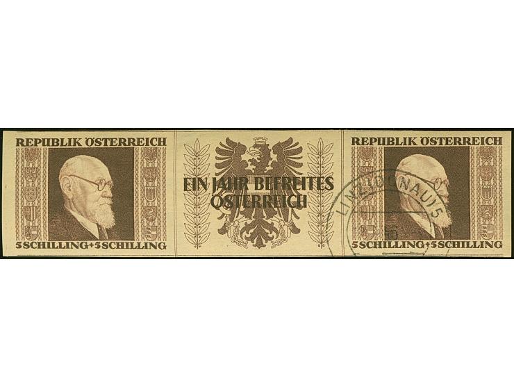 1946, Renner 1-5 S. geschnitten in waagerechten Dreierstreifen mit Zierfeld, dabei alle rechten Marken mit zeitgerechter Entw