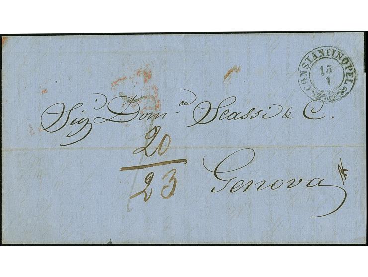1864, Portobrief mit “CONSTANTINOPEL 15 1” nach Genova, Königreich Italien, handschriftliche Taxierung 20/23, über Ancona mit