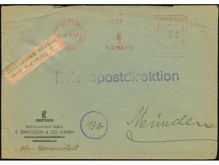 1945, Kurier-Firmenbrief mit Absenderfreistempel “BERLIN -6 3 45” mit Klebezettel-L2 “KURIERPOST WESTEN ÜBER WÜRZBURG 2” nach