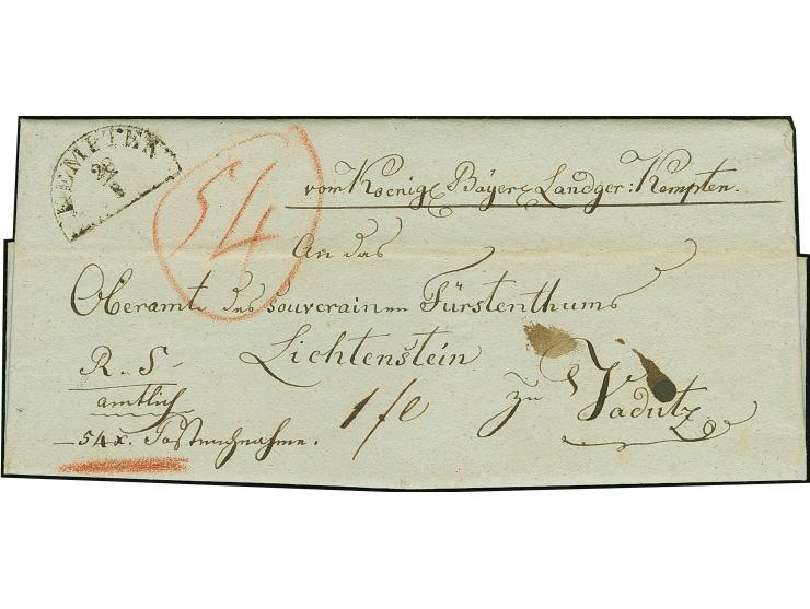 1840, datierte Nachnahme-Dienstbriefhülle mit Halbkreis “KEMPTEN 28/8” an das Liechtensteinische Oberamt in Vaduz. Sehr selte