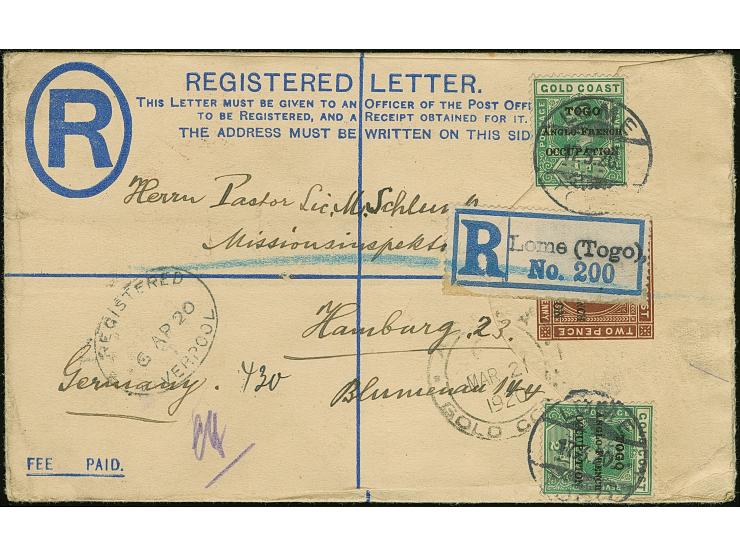 1917, large format registered stationery letter with overprinted 1 d. with London printing &nbsp;½ d. two singles, each tied 