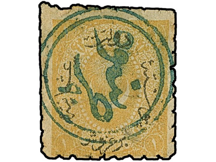 "HIRSOVA", all arabic double-circle, clear and complete strike in blue on 1869/71, 1 pia. yellow. Extremely rare. Certificate