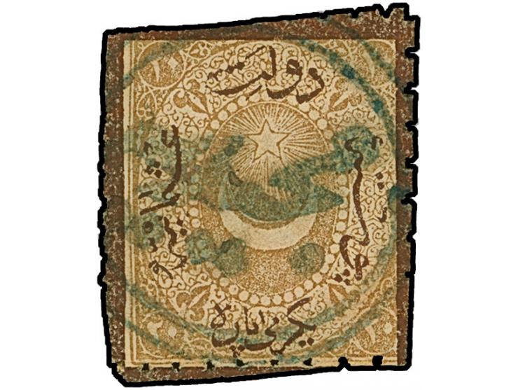 "MECIDIYE", all arabic double-circle, clear and complete strike on 1870, postage due 20 pa. Extremely rare. Certificate Nakri