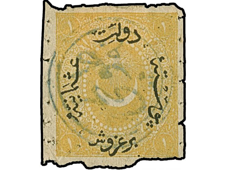 "TULCA", all arabic double-circle, clear and complete strike in blue on 1869/71, 1 pia. Extremely rare. Certificate Nakri AIE