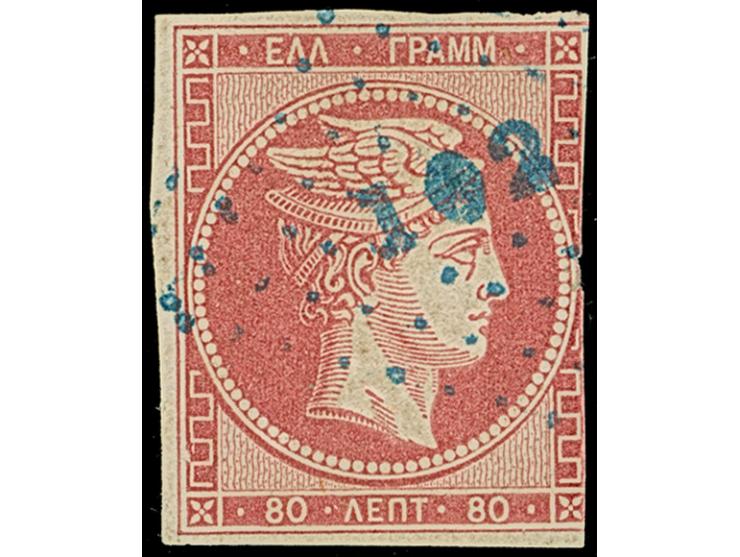 BUCAREST: "102" in blue, clear on 1861, 80 l. rose. Extremely rare; PROFI has not recorded another example