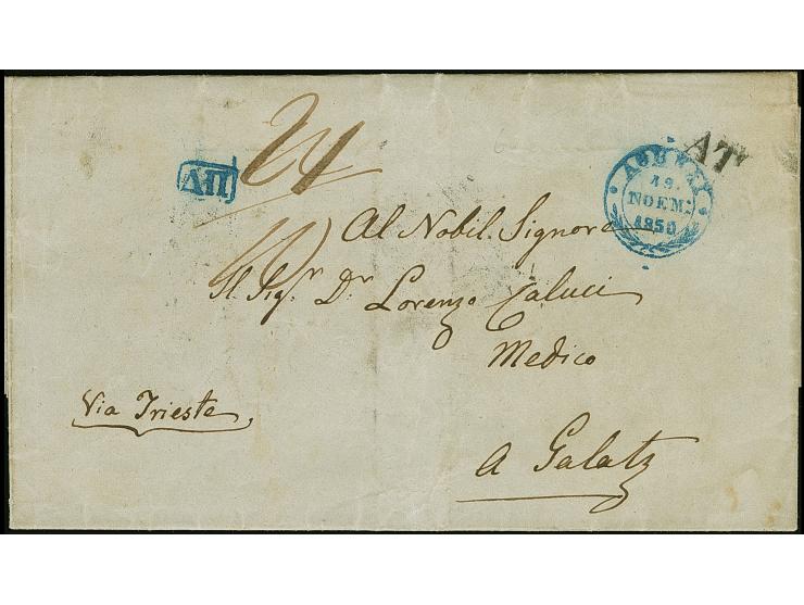 1850, entire letter from Athens via Triest to Galatz, with transit marks and arrival mark of the Austrian PO. A scarce letter