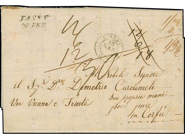 1847, "JASSY 22 FEB." on entire letter (part outer lettersheet on reverse missing) endorsed "Via Vienna e Trieste" to Corfu, 