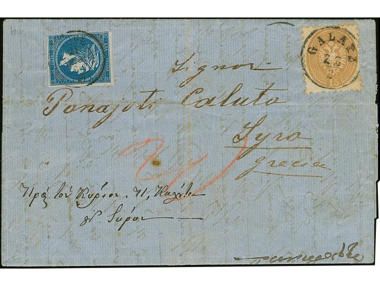 1863/64, Austrian Levante 15 s., tied by clear c.d.s. "GALATZ 22/2" (1866) to entire letter to Syros, franked upon arrival wi