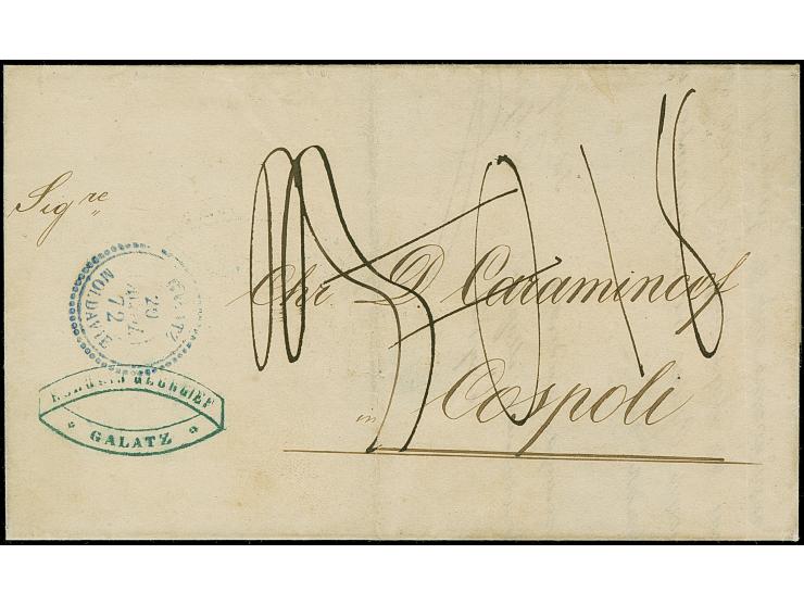 "GALATZ MOLDAVIE 20 AVRIL 72", blue dotted c.d.s. on unpaid lettersheet to Constantinopel