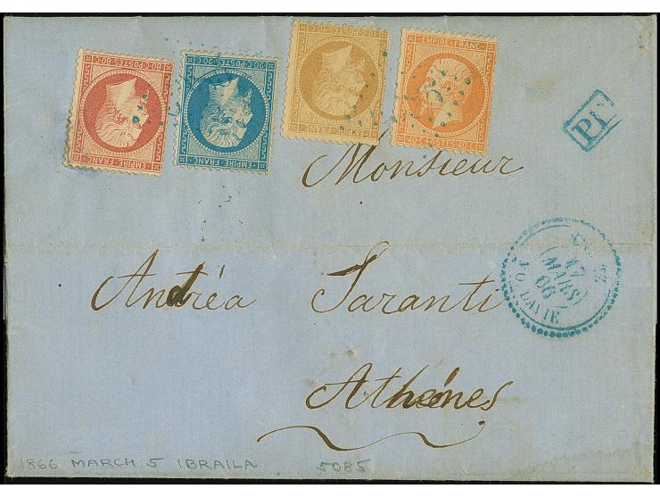 GALATZ: "5085", GC in blue, on Napoleon perforated 10 c. bistre, 20 c. blue, 40 c. orange and 80 c. carmine, on entire letter