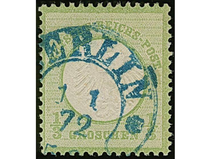 “BERLIN** 1.1.72” (Spalink 1N3b) klar in Blau auf loser Marke kleiner Schild ⅓ Gr. hellgelblichgrün. Die farbfrische Marke is