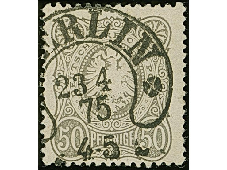 “BERLIN** 23.4.75” (Spalink 1N4a) sehr klar in Schwarz auf loser Marke 50 Pfge hellgrau in einwandfreier Erhaltung. Eine sehr