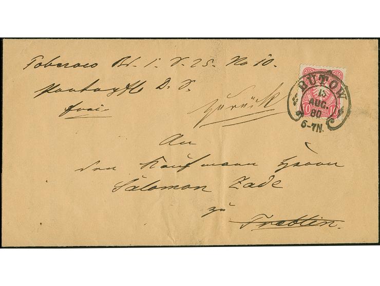 “BÜTOW 13.AUG.80” (Spalink 2) sehr klar mit gebogener Zeitgruppe auf Ausgabe 1880 10 Pfg. lebhaftrosarot auf innen nicht ganz