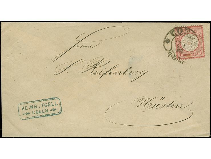 “COELN** 17.1.74” (Spalink 4-1N2) recht klar auf großer Schild 1 Gr. karmin auf Briefkuvert nach Hüsten mit Ausgabestempel. D