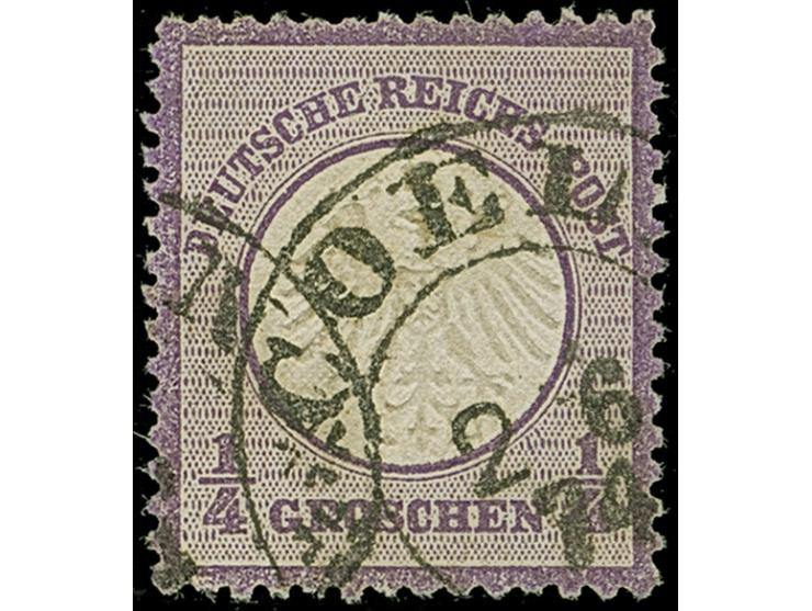 “COELN** 2.6.74” (Spalink 4-1N3) sehr klar auf loser Marke kleiner Schild ¼ Gr. graupurpur. Die farbfrische Marke ist sehr gu