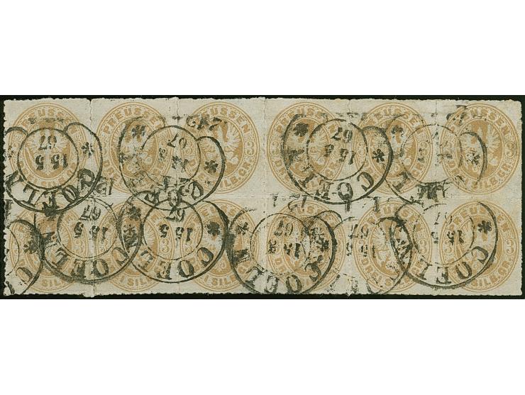 “COELN** 15.5.67” (Spalink 4-2) mehrfach klar auf waagerechtem 12er-Block Preußen Wappen 3 Sgr. ockerbraun. Die Marken zum Te