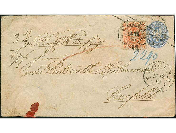 “COELN** 15.12.65” (Spalink 4-2) mehrfach auf Ganzsachenumschlag 2 Sgr. mit Zufrankatur Wappen 6 Pfg. orange als Wertbrief na