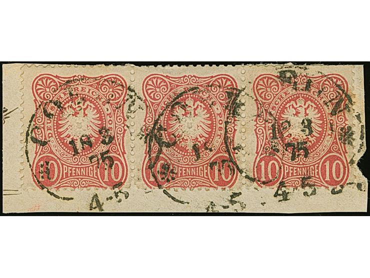 “COELN** 18.3.75” (Spalink 4-2N2) mehrfach etwas undeutlich auf waagerechtem Dreierstreifen 10 Pfge mattrot auf Briefstück. B