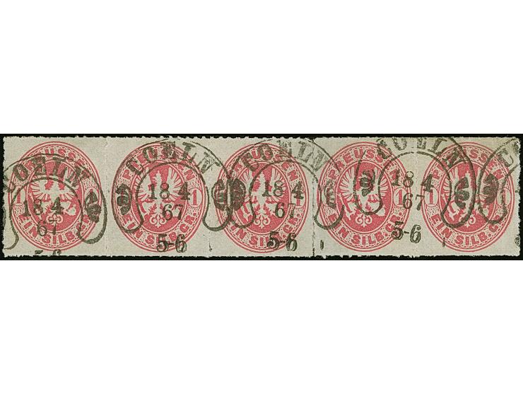 “COELN 18.4.67” (Spalink 4-6) mehrfach sehr klar auf waagerechtem 5er-Streifen Preußen Wappen 1 Sgr. mattrosa in einwandfreie