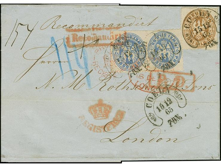 “COELN 15.12.65” (Spalink 4-6) mehrfach klar auf Preußen Wappen 3 Sgr. und waagerechtes Paar 2 Sgr. auf R-Faltbriefhülle der 