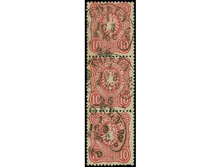 “COELN *1c 16.8.76” (Spalink 4-7Ny) mehrfach recht klar auf senkrechtem Dreierstreifen 10 Pfge karmin. Die farbfrischen Marke