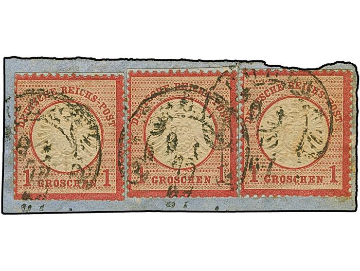 “COELN 9.1.75” (Spalink 4-12) mehrfach recht klar auf drei Einzelmarken großer Schild 1 Gr. karmin (rechte Marke mit FZL 8ou)