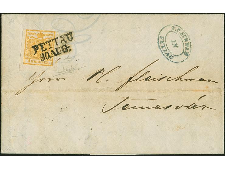 1850, Wappen auf Handpapier 1 Kr. gelbocker, farbrisch und gut bis breitrandig, mit klarem L2 “PETTAU 30 AUG.” auf Drucksache