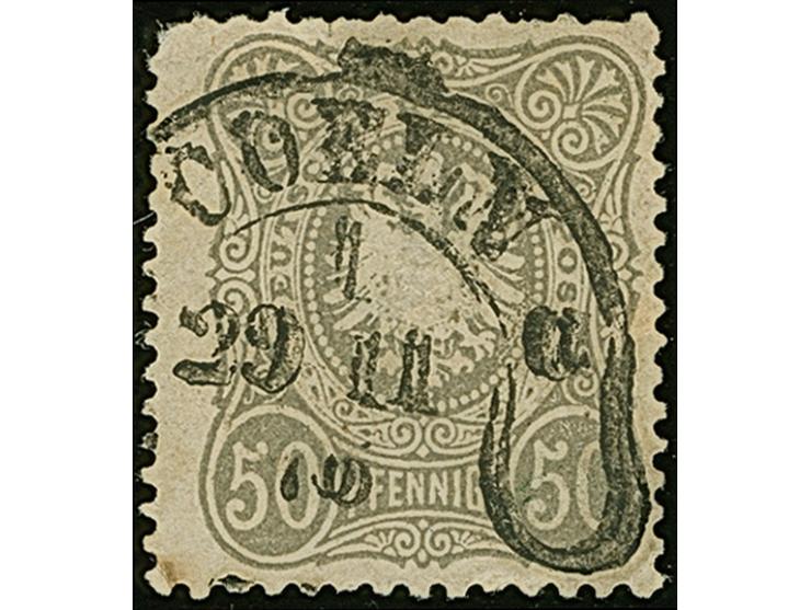 “COELN *1a 29.11.76” (Spalink 4-13y2) klar auf loser Marke 50 Pfge hellgrau. Die farbfrische Marke ist etwas fehlerhaft, ein 