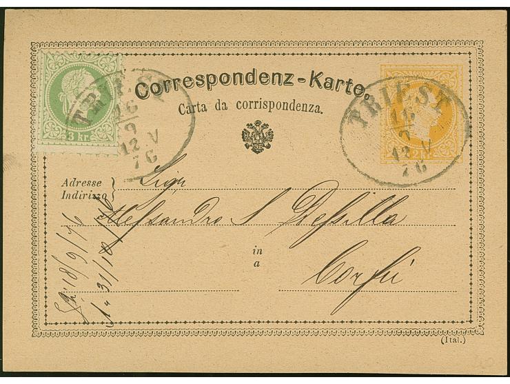 1872, Correspondenz-Karte 2 Kr. gelb zusätzlich frankiert mit 3 kr. grün, sauber mit Ovalstempel “TRIEST 16-9 76” nach Corfu 