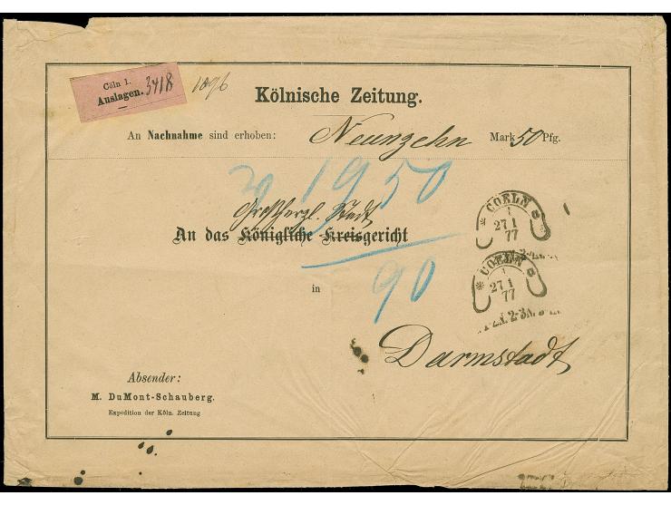 “COELN *1a 27.1.77” (Spalink 4-13y2) zweimal klar auf großformatigem Nachnahme-Vordruckbrief mit Tax-Vermerk “1950/90” und vi