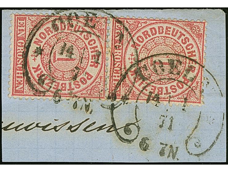 "COELN** 14.1.71" (Spalink 4-16), zweimal klar auf senkrechtem Paar Norddeutscher Postbezirk 1 Gr. gezähnt auf Briefstück, in