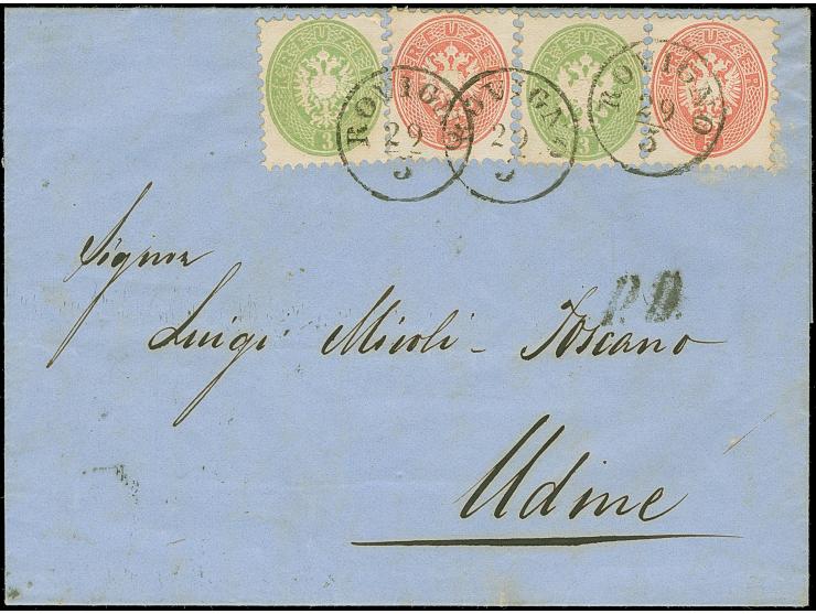 1863/64, Wappenausgabe 3 Kr. grün (2) und 5 Kr. rosa (2), farbfrisch, geklebt als sogenannte italienische patriotische Franka