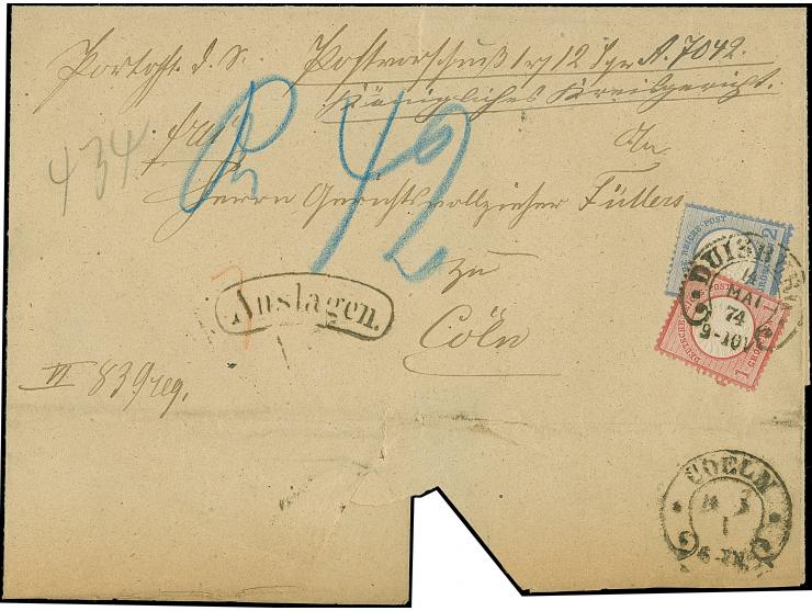 “COELN** 14.5. I” (Spalink 4-16M) klar mit Trennstrich unten als Ankunftsstempel rückseitig auf Postvorschuss-Faltbriefhülle 