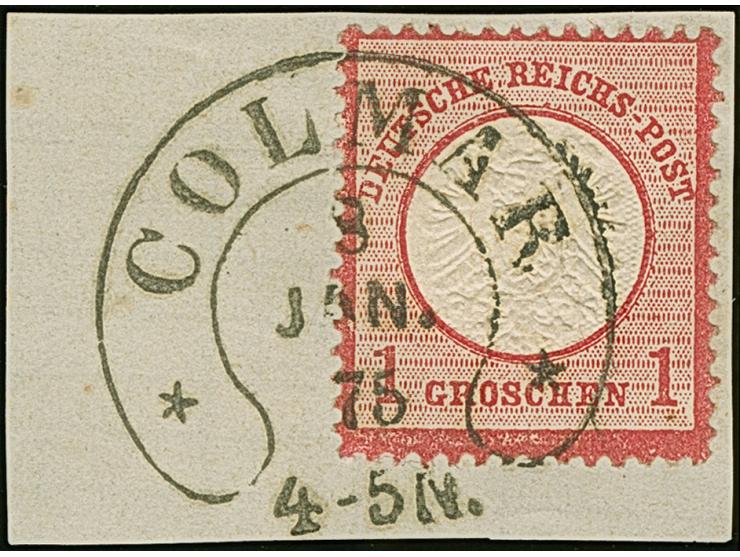 “COLMAR ** 8.JAN.75” (Spalink 5-2) sehr klar auf großer Schild 1 Gr. karmin auf Briefstück. Die farbfrische Marke ist gut gep