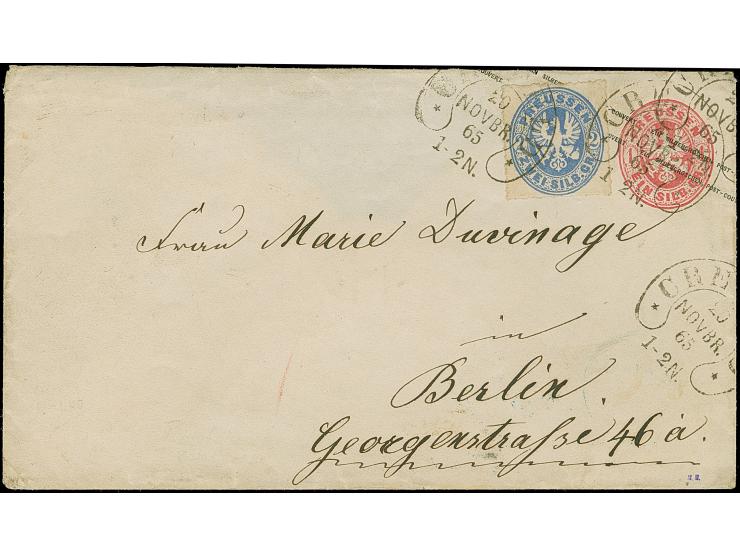 “CREFELD** 20.NOVBR.65” (Spalink 6-1) mehrfach klar auf Preußen Ganzsachenumschlag Wappen 1 Sgr. mit tarifgerechter Zufrankat