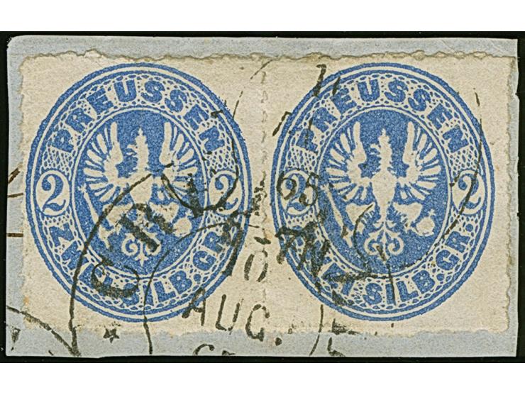 “CREFELD** 10.AUG.65” (Spalink 6-1) recht klar auf waagerechtem Paar Preußen 2 Sgr. lebhaftultramarin auf Briefstück. Die rec