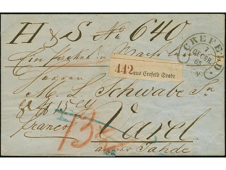 “CREFELD 7.DECBR.65” (Spalink 6-3) sehr klar auf bar bezahltem, kompletten Paketbegleit-Faltbrief der 9. Gewichtsstufe bis 60