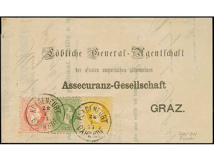 1867, 2 Kr. gelb, 3 Kr. grün und 5 kr. rosakarmin, farbfrisch, sauber mit EKr. “KLAGENFURT BAHNHOF 28-4 74” auf Drucksache na