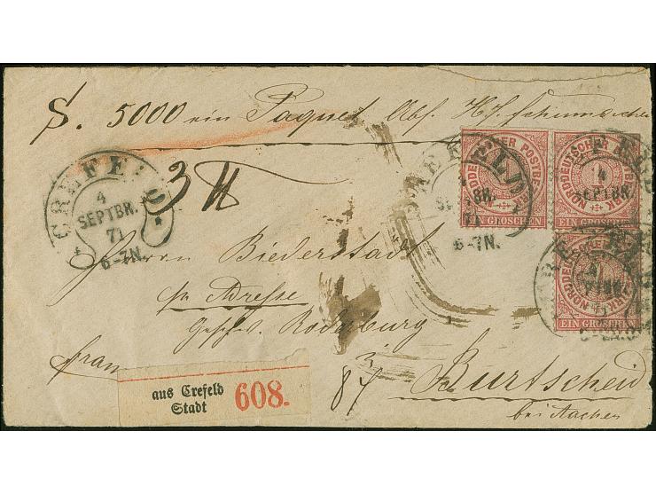 “CREFELD 4.SEPTBR.71” (Spalink 6-4) mehrfach recht klar auf drei Einzelmarken Norddeutscher Postbezirk 1 Gr. gezähnt als tari
