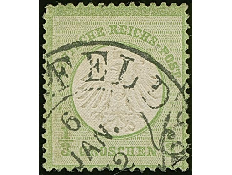 “CREFELD 6.JAN.72” (Spalink 6-5) klar auf loser Marke ⅓ Gr. hellgelblichgrün. Die farbfrische Marke ist gut geprägt, normal g