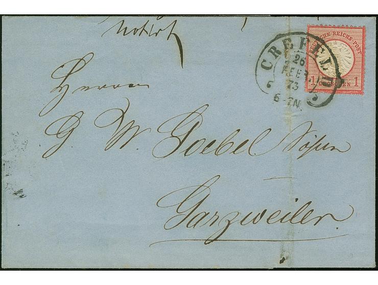 “CREFELD 26.FEBR.73” (Spalink 6-5) klar auf großer Schild 1 Gr. karmin auf Faltbriefhülle nach Garzweiler mit Ausgabestempel.