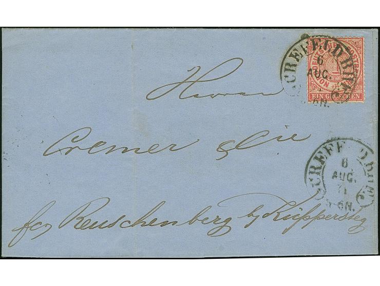 “CREFELD BHF. 6.AUG.71” (Spalink 6-8) klar auf Norddeutscher Postbezirk 1 Gr. gezähnt auf komplettem Faltbrief nach Reuschenb