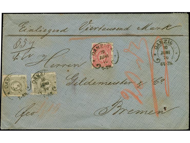 “DANZIG NI 10.JUNI.76” (Spalink 7-1) mehrfach klar auf 10 Pfge mattkarmin und zwei Einzelmarken 50 Pfge grau als tarifgerecht