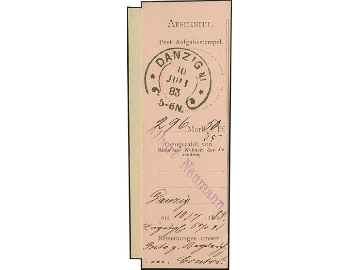 “DANZIG NI 10.JULI.83” (Spalink 7-1) sehr klar auf linkem Abschnitt einer Postanweisung über 296,50 M., das Formular ist auf 