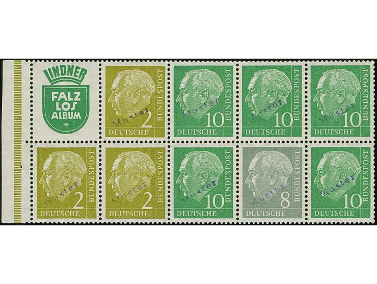 1955/56, Heuss H-Blatt 3,5, 6 und 7 (teils stärker angetrennt, H-Bl. 5 ein Viererblock rechts abgetrennt), jeder Wert mit Han