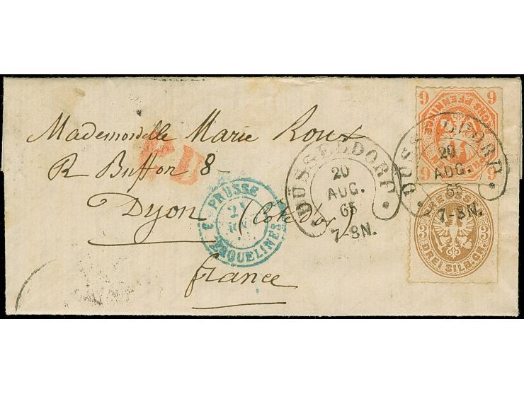 “DÜSSELDORF 20.AUG.65” (Spalink 11-1) sehr klar auf Preußen Wappen 6 Pfg. orange und 3 Sgr. hellbraun als tarifgerechte Frank
