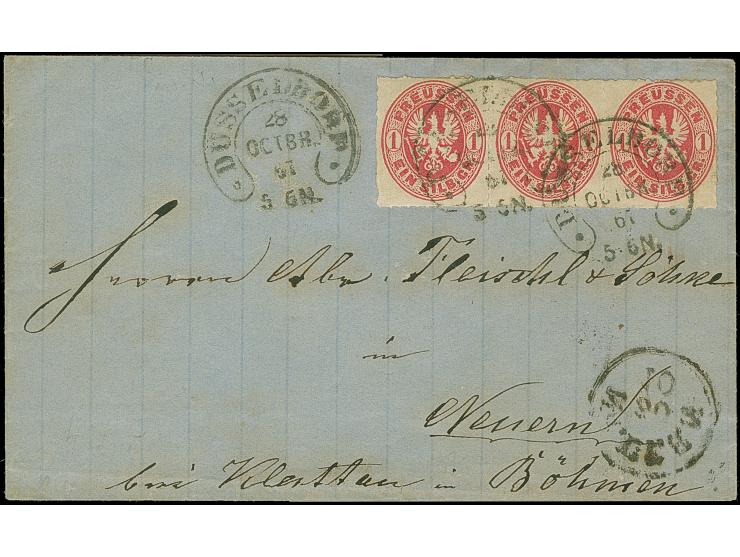 “DÜSSELDORF 28.OCTBR.67” (Spalink 11-1N1) mehrfach klar auf waagerechtem Dreierstreifen 1 Sgr. mittelrosa als tarifgerechte M