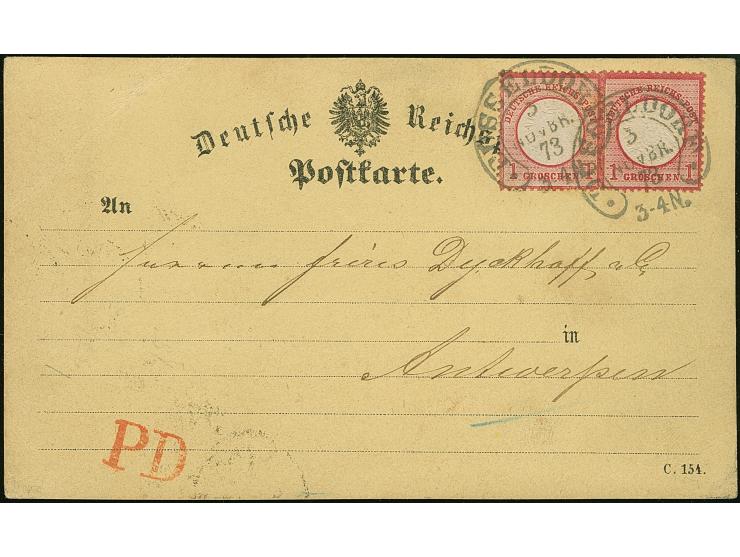 “DÜSSELDORF 3.NOVBR.73” (Spalink 11-1N2) zweimal klar auf zwei Einzelmarken großer Schild 1 Gr. karmin als tarifgerechte Mehr