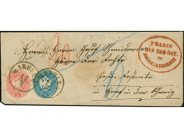 5 Kr. rosa und 10 Kr. blau, farbfrisch, entwertet durch EKr. “MARBURG 17-8” mit nebengesetztem rotem Ovalstempel “FRANCO BIS 