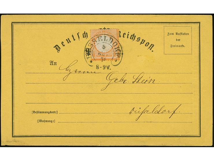 “DÜSSELDORF 5.AUG.74” (Spalink 11-1N3) klar auf großer Schild ½ Gr. orange im kleinen Format L15 auf privat gedruckter Postka